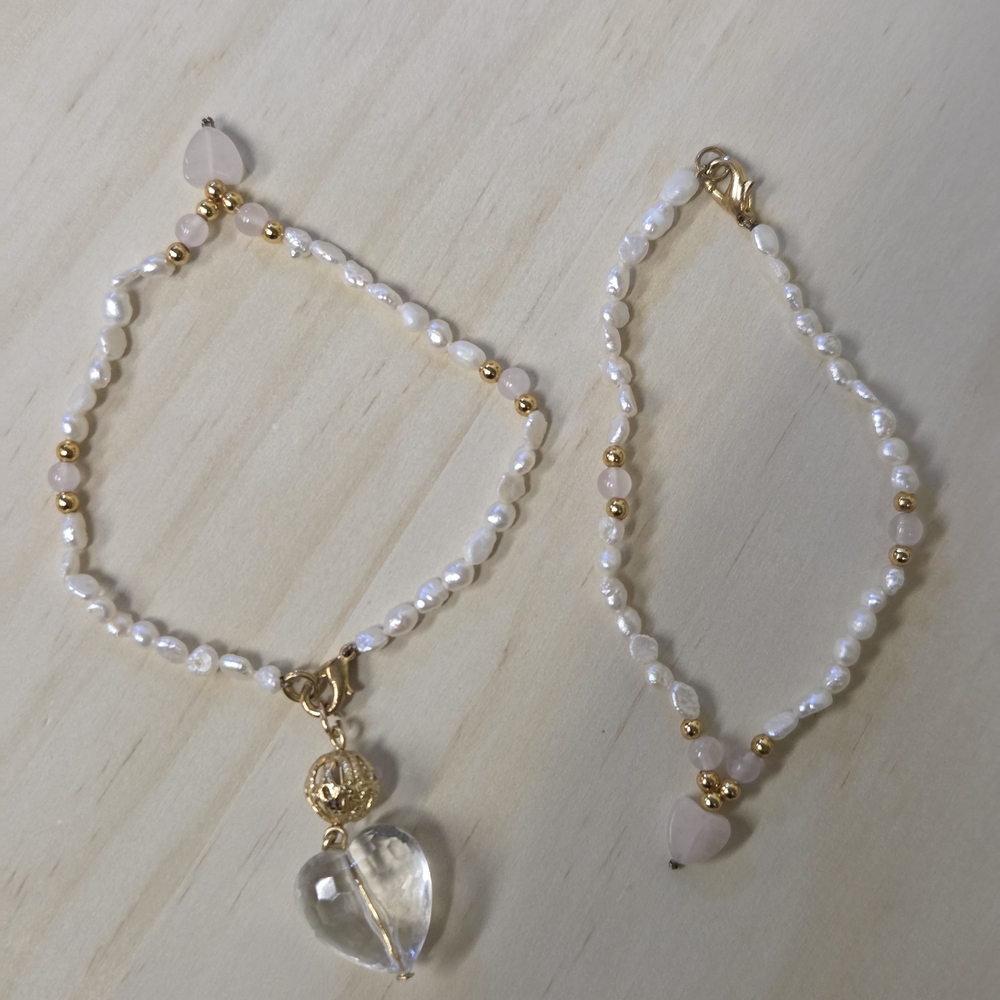 Pearl and Rose Quartz Heart Bracelet Set of 2